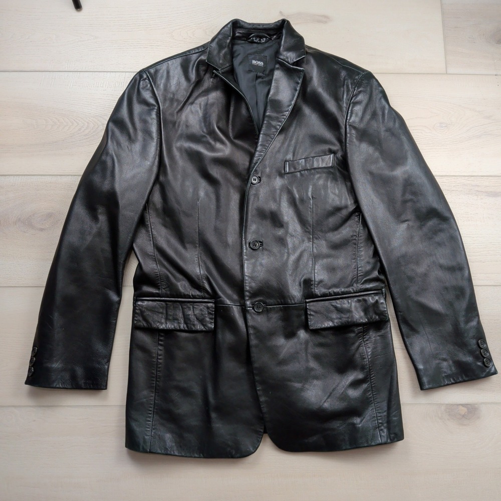 Hugo Boss Mens Black 100% Lamb Leather Blazer Jacket Mens 40R 3-Button Coat